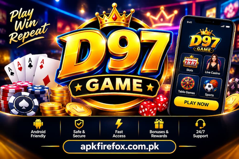 D97 Game online gaming platform banner for Android users, featuring a colorful gaming logo, smartphone interface, and apkfirefox.com.pk branding.