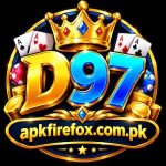 D97 game logo with crown, playing cards, poker chips, and apkfirefox.com.pk branding